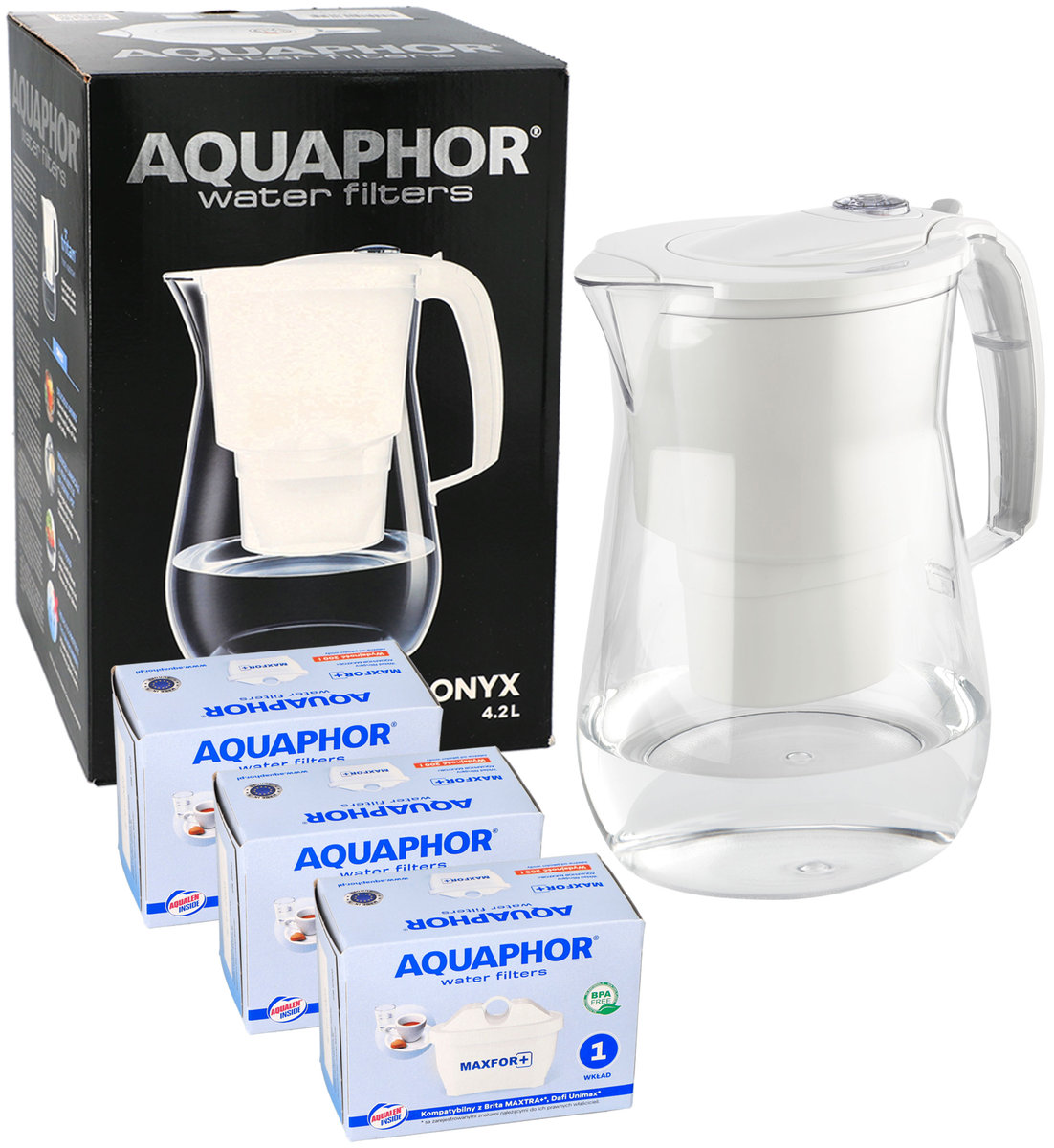 Dzbanek filtrujący wodę Aquaphor Onyx 4.2L BIAŁY TRITAN + 3 FILTRY wkłady
