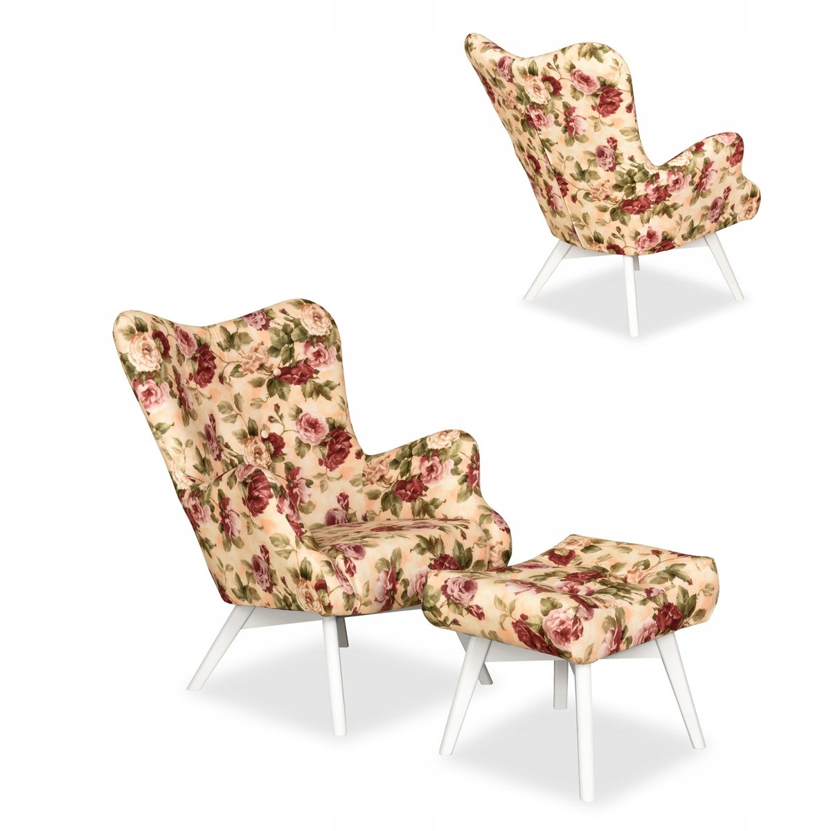 Fotel skandynawski Luna z podnóżkiem Róże kwiaty