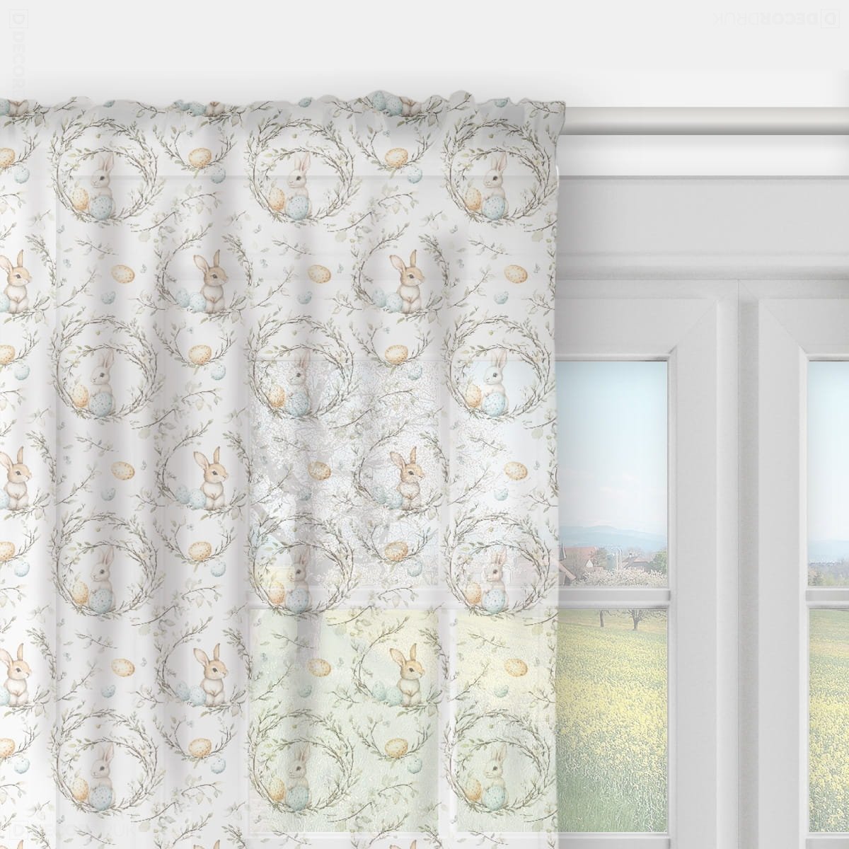 Firana SPRING wzór SP08 | wielkanocne wianki z zajączkami 140 x 240 cm