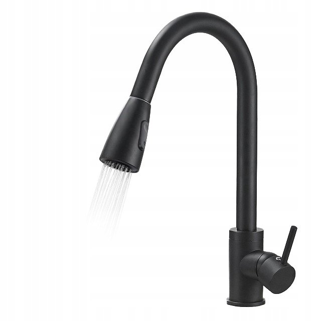 CZARNA BATERIA KUCHENNA Z WYCIĄGANĄ WYLEWKĄ KRAN