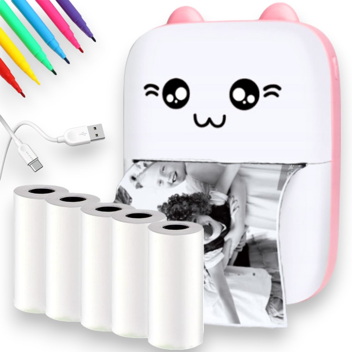 Drukuś Mini Drukarka Termiczna Oryginalny Do Zdjęć + 6 Rolek + Markery