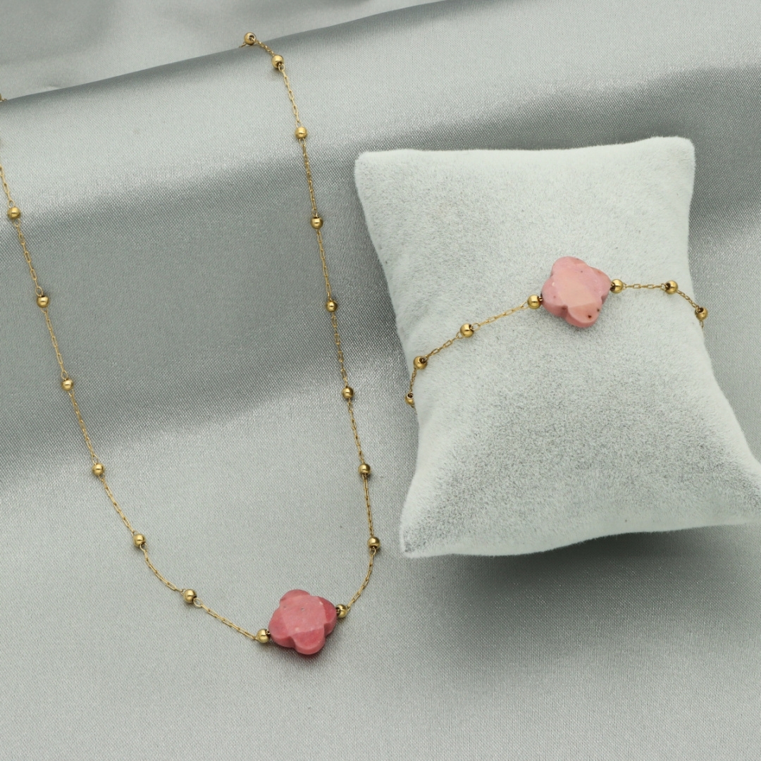 Komplet biżuteri naszyjnik i bransoletka z różowym kwarcem koniczynka