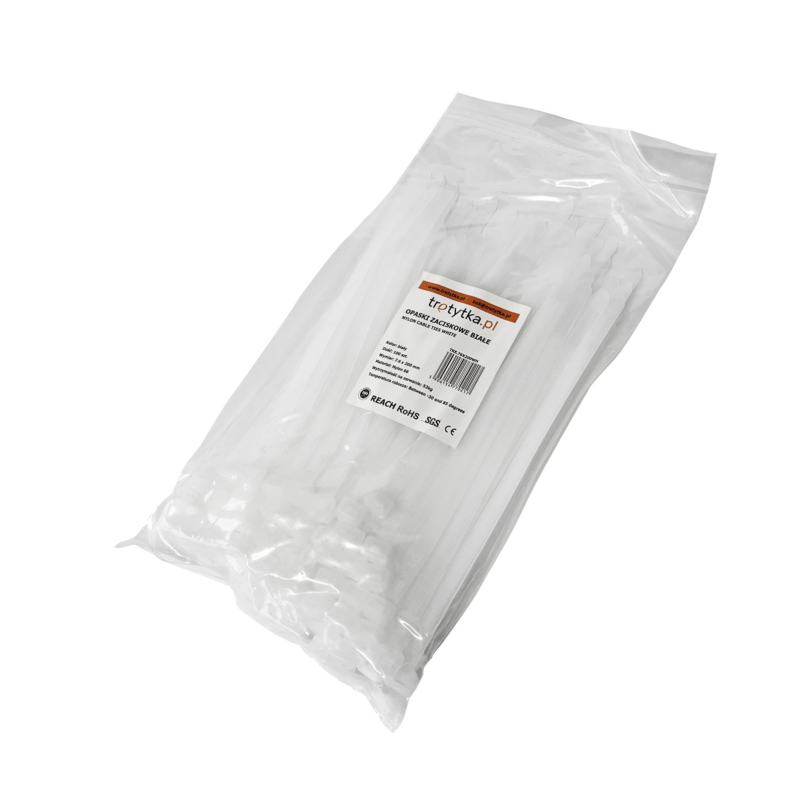 Opaski zaciskowe Tretytka UV 7,6 x 200 mm, biały
