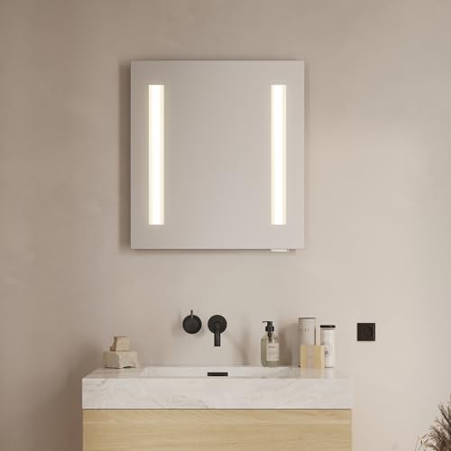 Loevschall Lustro łazienkowe z gniazdkiem i światłem, kwadratowe lustro łazienkowe z oświetleniem, 60 x 65 cm, lustro ścienne z oświetleniem LED