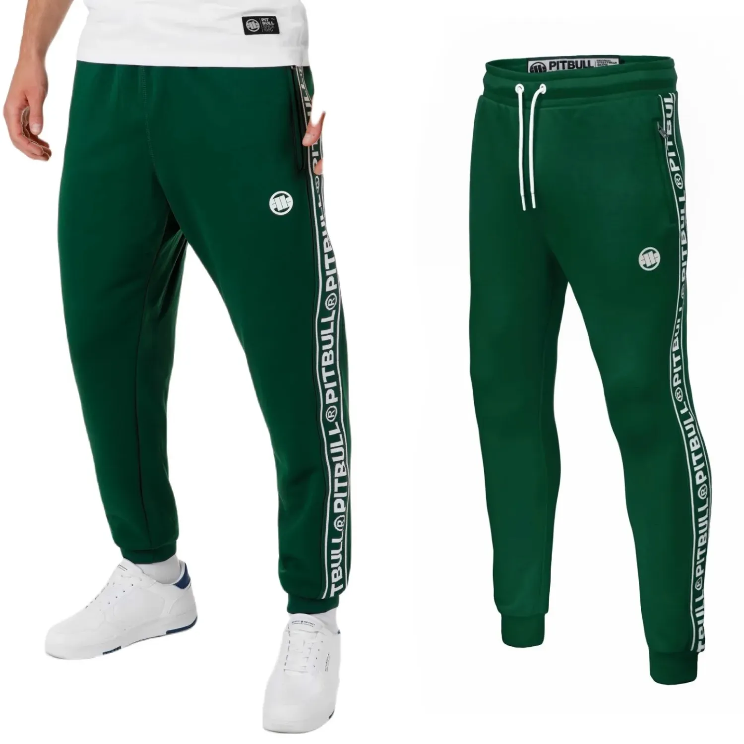 Spodnie dresowe Pit Bull Oldschool Polly-Terry Tape Logo '23 - Ciemnozielone  | PayPo | GRATIS WYSYŁKA | ZWROT DO 100 DNI