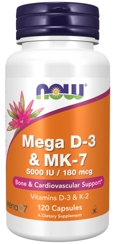 Now® Foods TERAZ Mega D3 & MK-7, Witamina D3 5000 IU & Witamina K2 180 ug, 120 Kapsułek Roślinnych