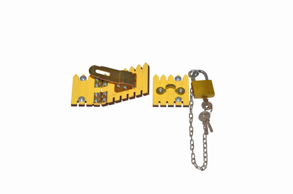 Dekor - drzwi/płotek koloru żółtego z zasuwką i złotą kłódką + łańcuszek