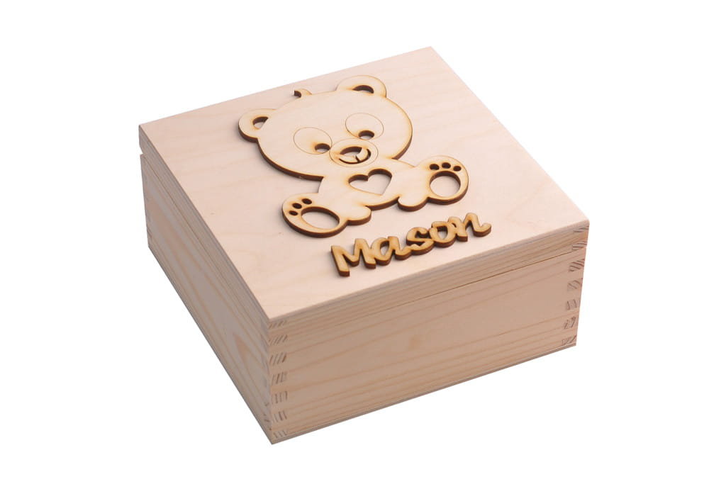 Eko szkatułka na prezent dekor miś z sercem imię.