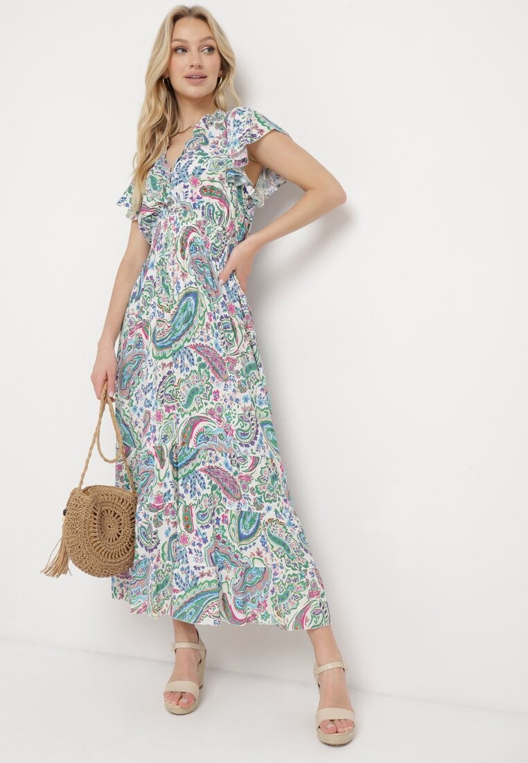 Biała Bawełniana Sukienka Boho z Gumką w Talii i Wzorem Paisley Sirrelia