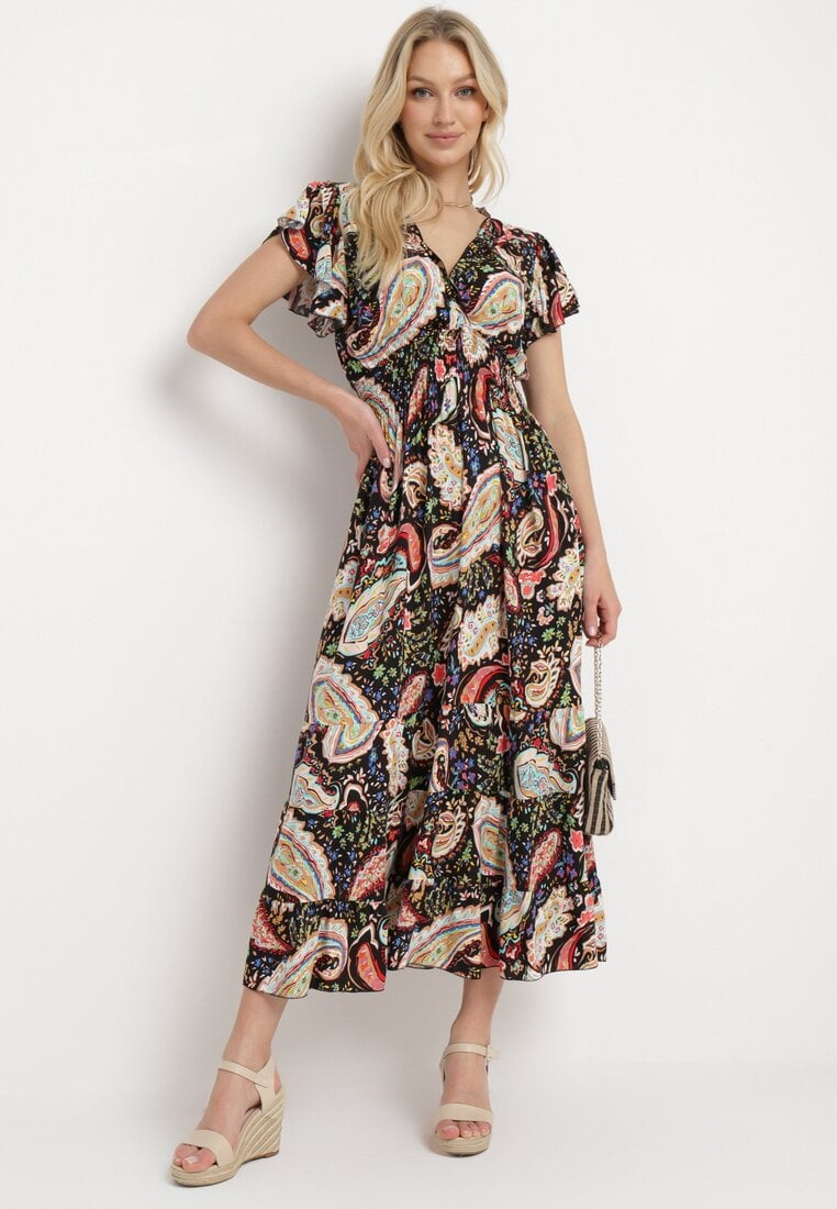 Czarna Bawełniana Sukienka Boho z Gumką w Talii i Wzorem Paisley Sirrelia