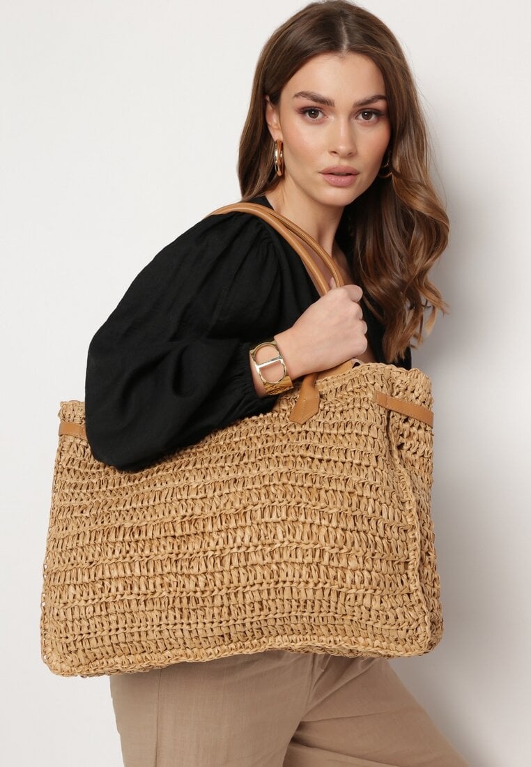 Beżowa Duża Torebka Tote Plażowa z Plecionki w Stylu Boho Delmirra