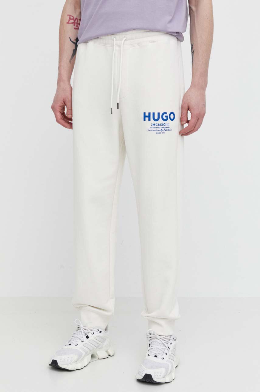 Hugo Blue spodnie dresowe bawełniane kolor beżowy z nadrukiem