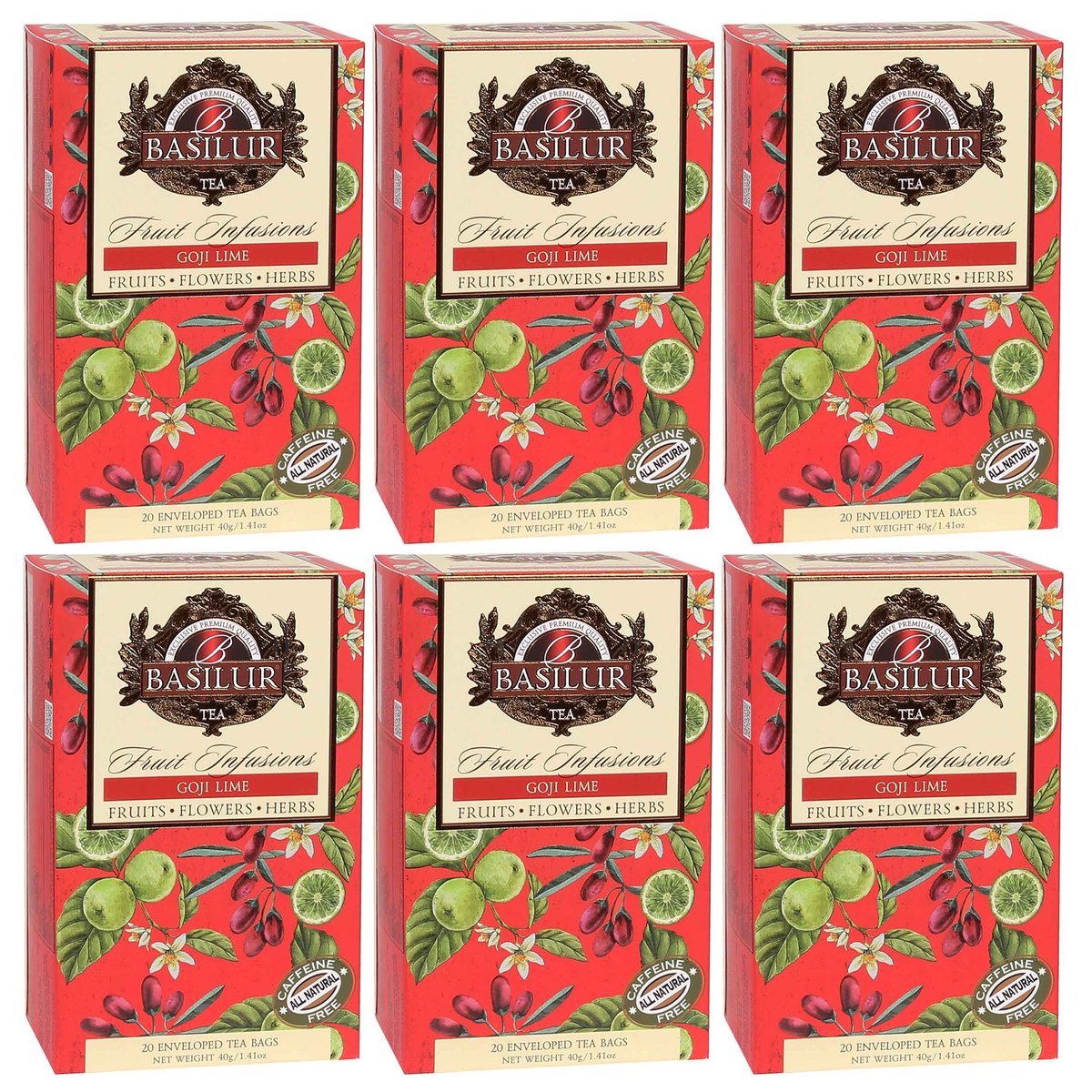 BASILUR Fruit Infusions - Owocowa herbata bezkofeinowa z naturalnym aromatem goji, limonki i cytrusów, w saszetkach 20 x 2 g x6