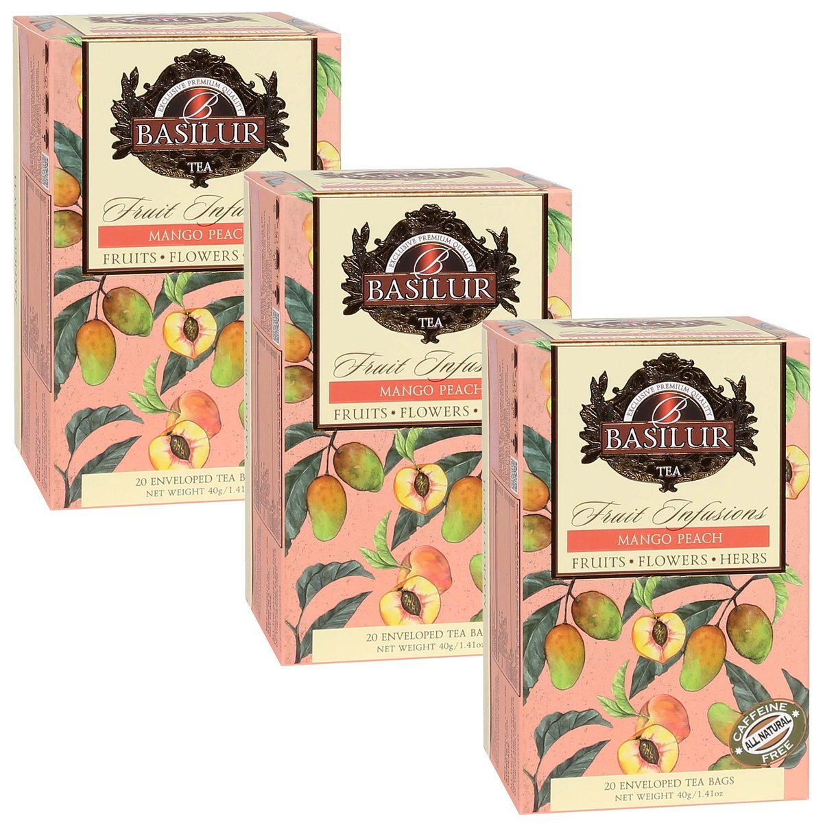 BASILUR Fruit Infusions - Owocowa herbata bezkofeinowa z naturalnym aromatem brzoskwini, mango i cytrusów, w saszetkach 20 x 2 g x3