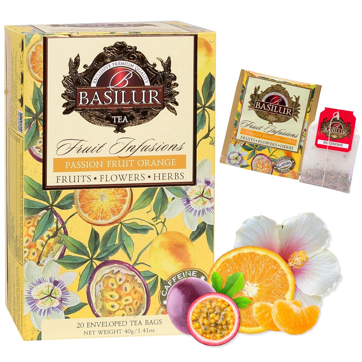 BASILUR Fruit Infusions - Owocowa herbata bezkofeinowa z aromatem marakui, mandarynki i cytrusów, w saszetkach 20 x 2 g x1