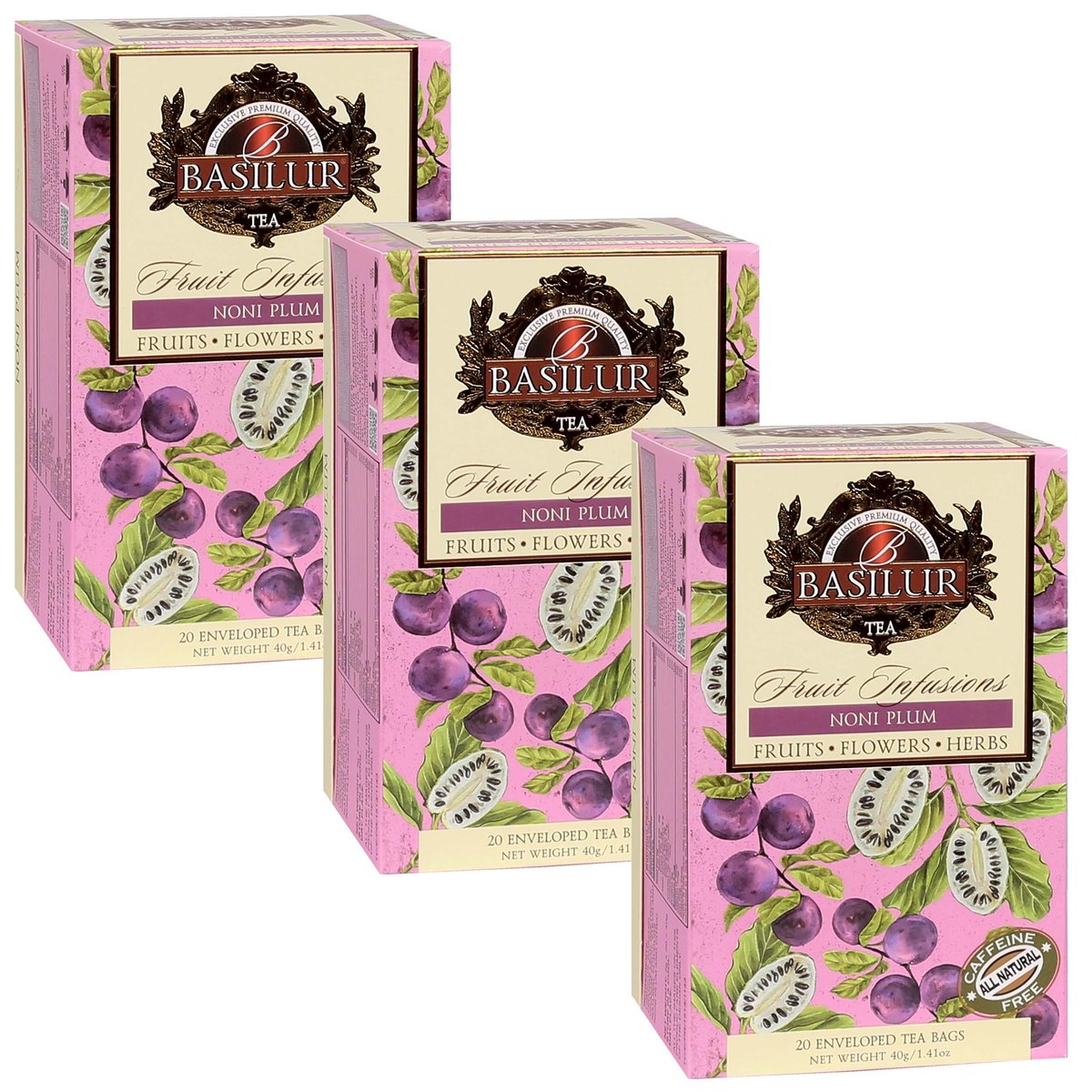 BASILUR Fruit Infusions - Owocowa herbata bezkofeinowa z naturalnym aromatem noni, śliwki i cytrusów, w saszetkach 20 x 2 g x3