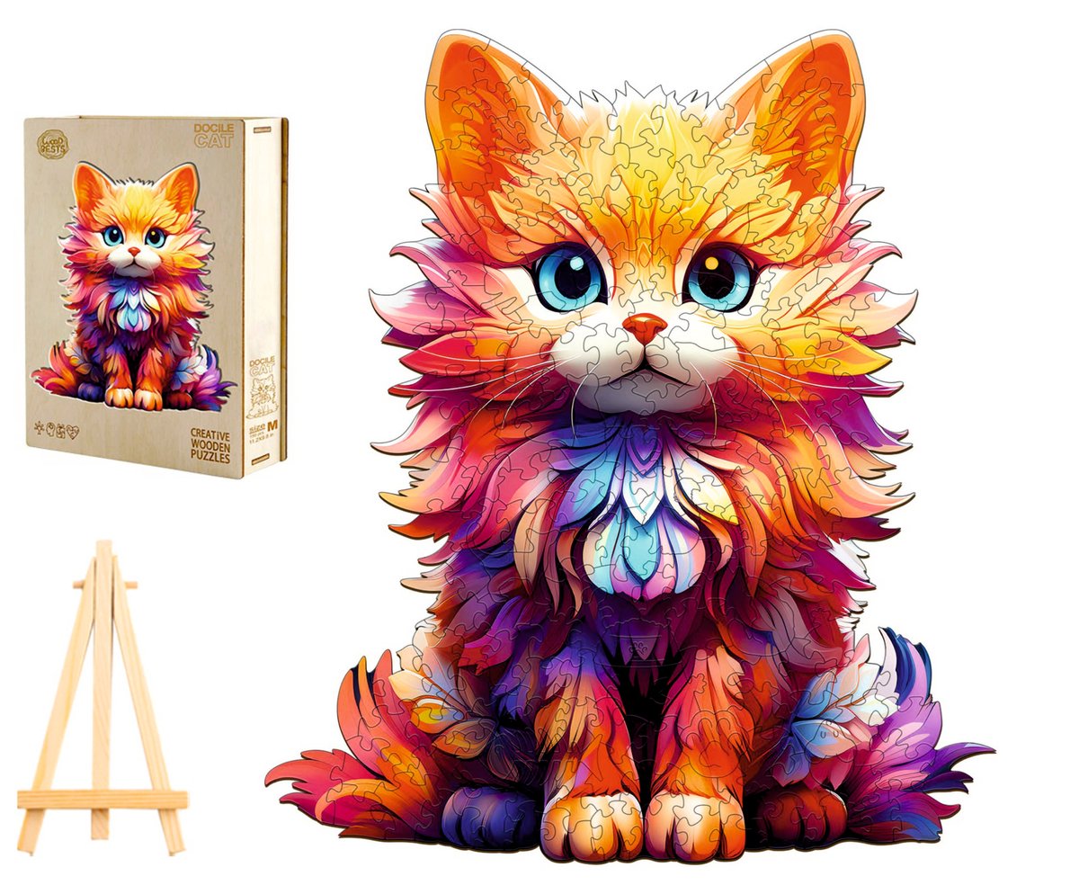 PUZZLE DREWNIANE DUŻE 250 ELEMENTÓW MAŁY KOTEK W DREWNIANYM PUDEŁKU