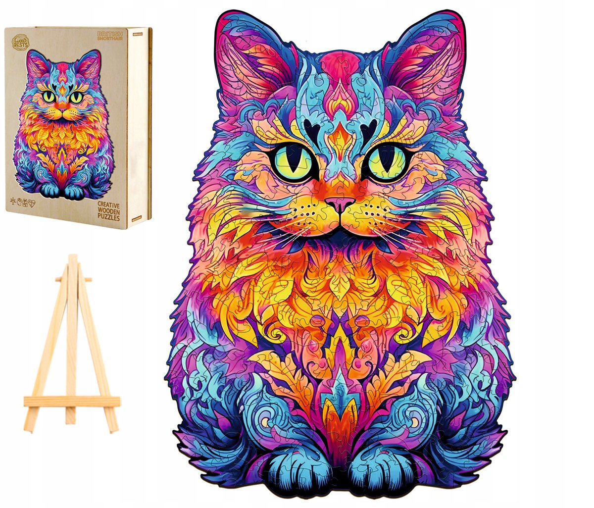 PUZZLE DREWNIANE DUŻE 280 ELEMENTÓW KOTEK W DREWNIANYM PUDEŁKU