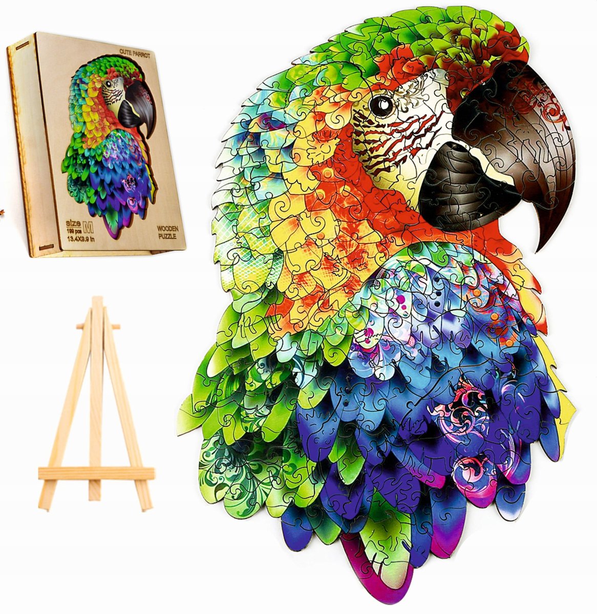 PUZZLE DREWNIANE DUŻE 300 ELEMENTÓW PAPUGA W DREWNIANYM PUDEŁKU