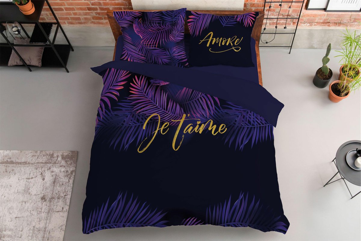 Pościel 220x200 Je t`aime fioletowe liście czarna granatowa Holland Home