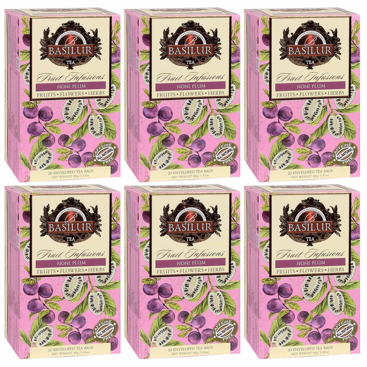 BASILUR Fruit Infusions - Owocowa herbata bezkofeinowa z naturalnym aromatem noni, śliwki i cytrusów, w saszetkach 20 x 2 g x6