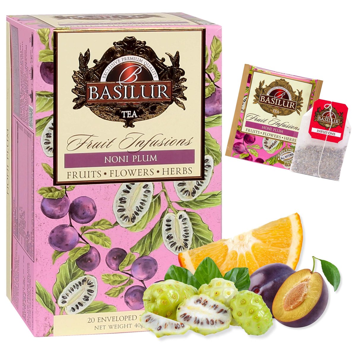 BASILUR Fruit Infusions - Owocowa herbata bezkofeinowa z naturalnym aromatem noni, śliwki i cytrusów, w saszetkach 20 x 2 g x1