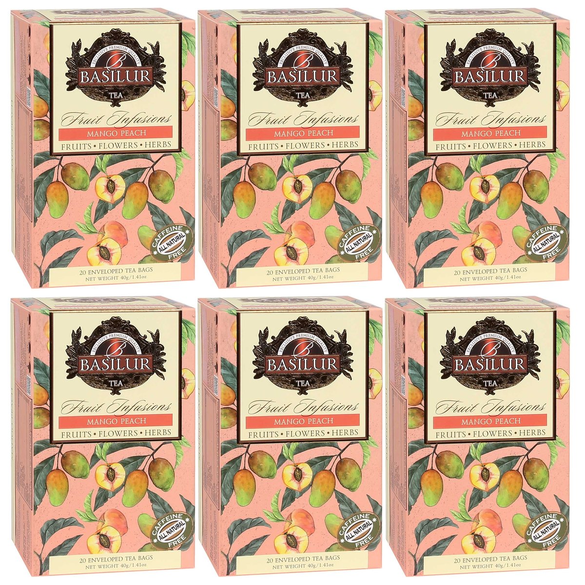 BASILUR Fruit Infusions - Owocowa herbata bezkofeinowa z naturalnym aromatem brzoskwini, mango i cytrusów, w saszetkach 20 x 2 g x6