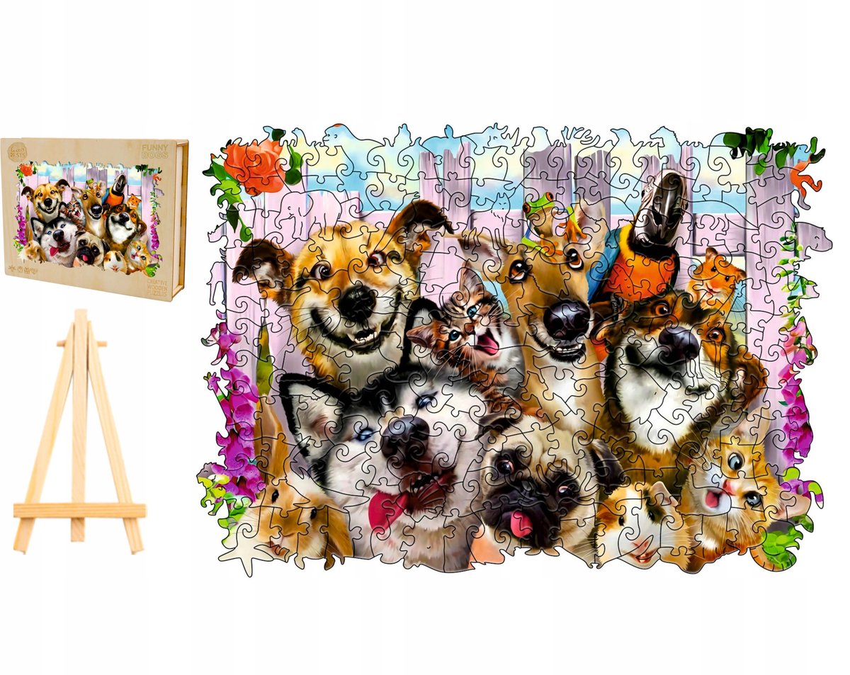 PUZZLE DREWNIANE DUŻE 300 ELEMENTÓW ZABAWNE PSY W DREWNIANYM PUDEŁKU