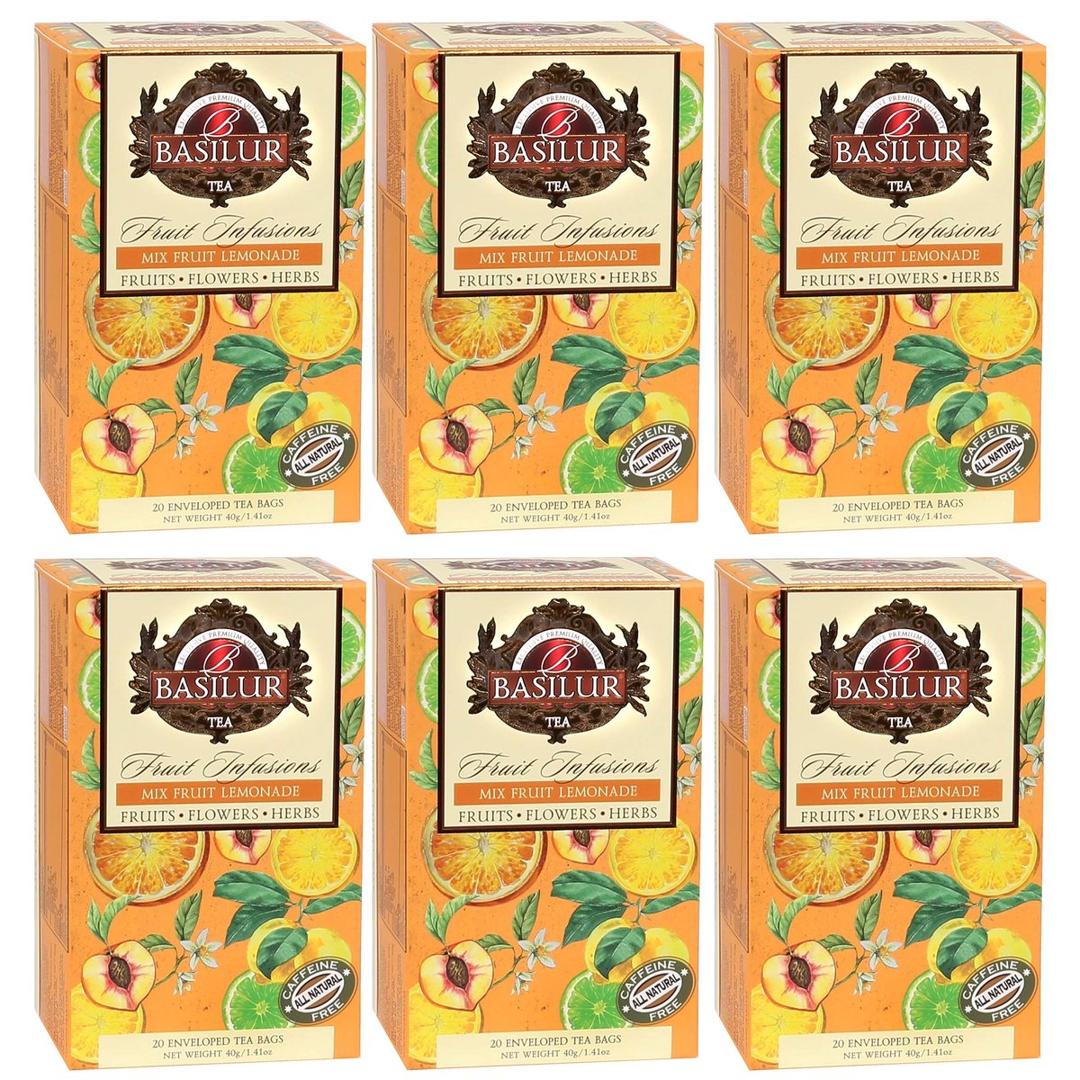 BASILUR Fruit Infusions - Owocowa herbata bezkofeinowa z aromatem owoców tropikalnych i cytrusów, w saszetkach 20 x 2 g x6