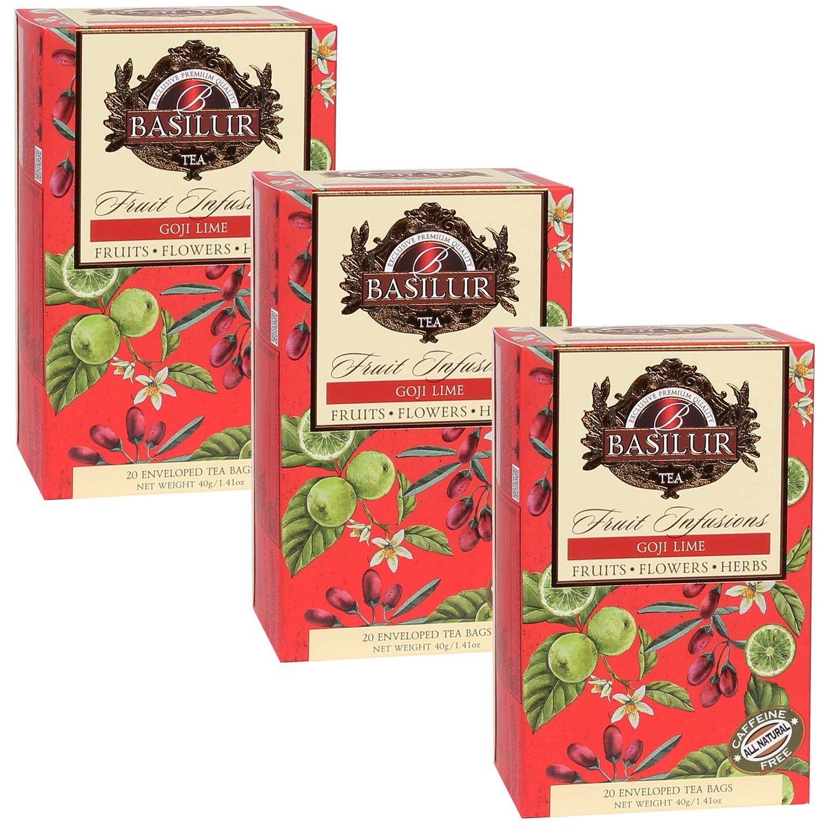 BASILUR Fruit Infusions - Owocowa herbata bezkofeinowa z naturalnym aromatem goji, limonki i cytrusów, w saszetkach 20 x 2 g x3