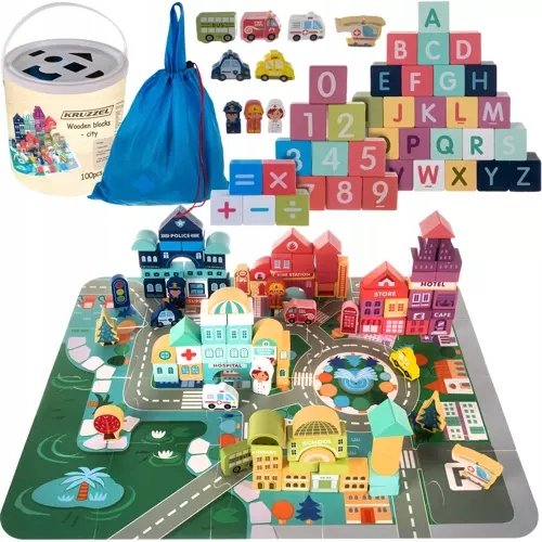 Drewniane Klocki Miasto 100szt. Mata Puzzle Sorter 6 Pojazdów Torba