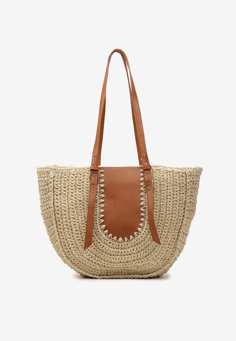 Jasnobeżowa Jednokomorowa Torebka z Plecionej Rafii w Stylu Boho Idarkia