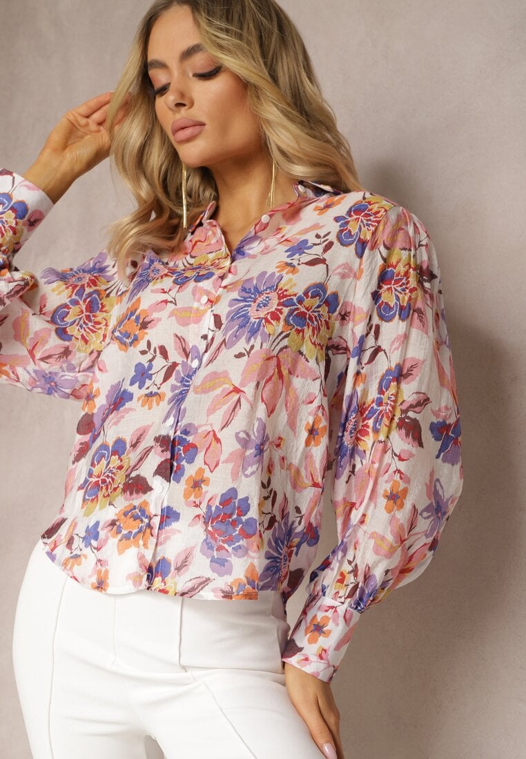 Biała Koszula w Kwiaty z Bufiastymi Rękawami Runelia