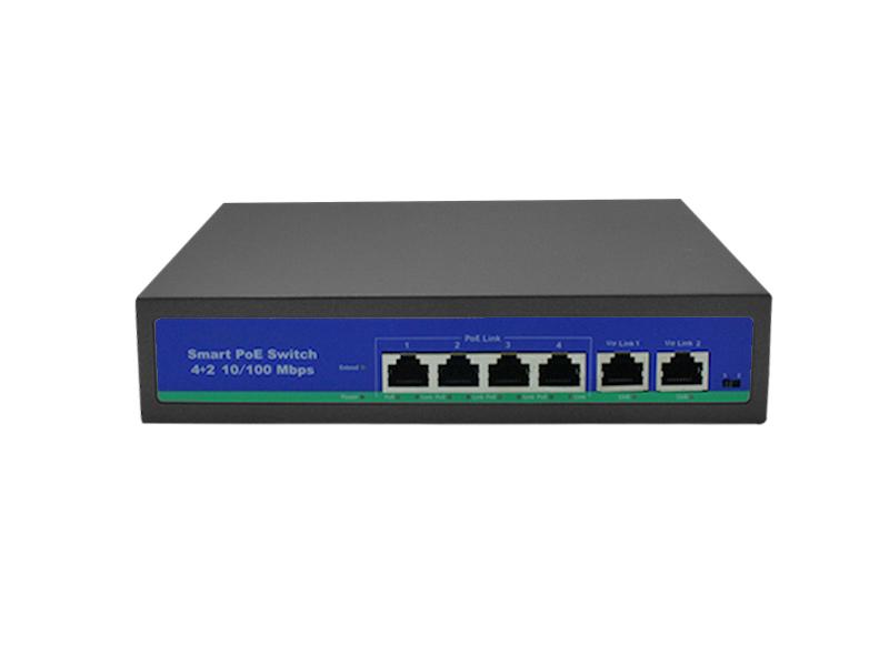 Switch 4-portowy PoE 802.3af, 2 xUPLINK, 1000Mbps, wbudowany zasilacz DC 52V, tryb Extend( 250m).