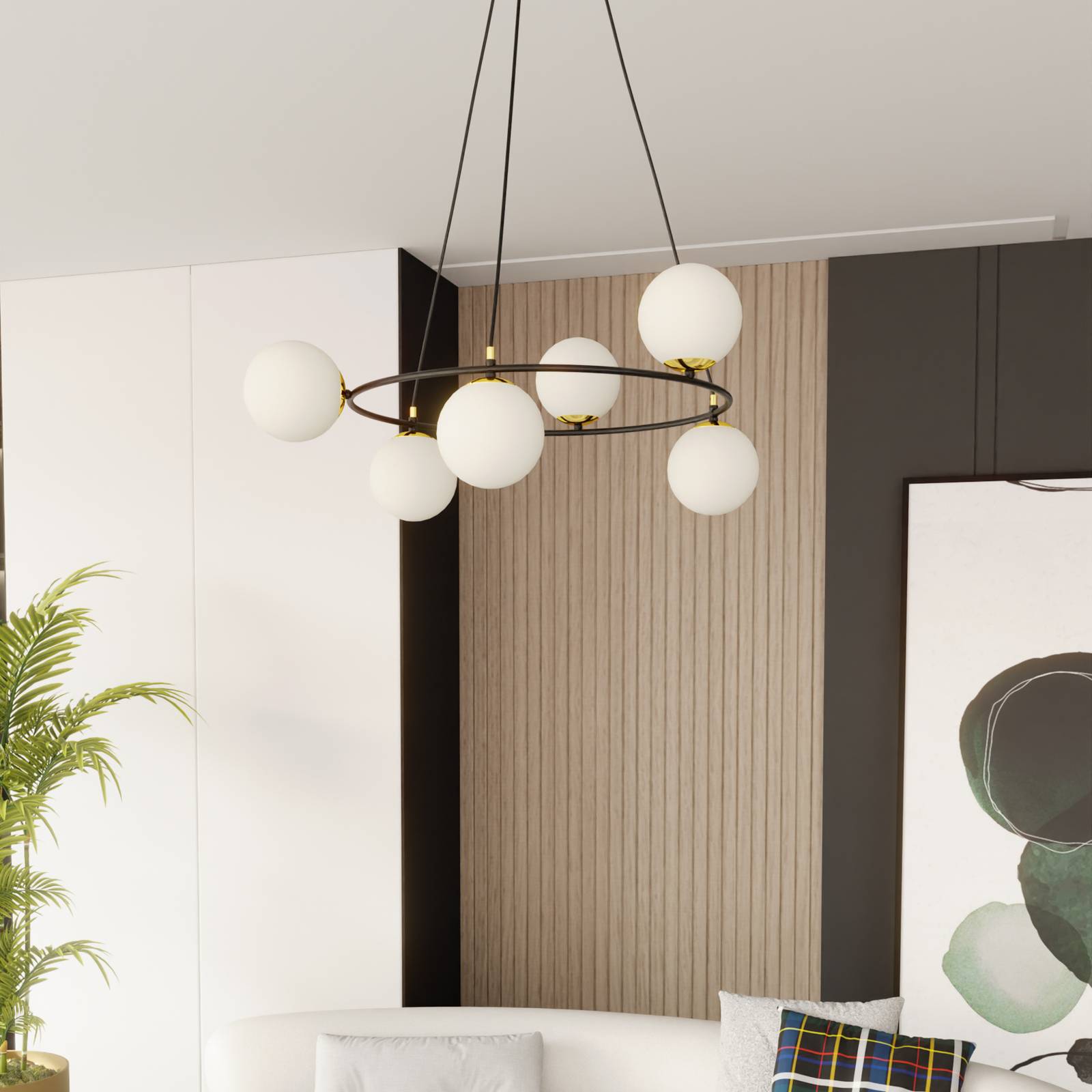 Euluna Szklana lampa wisząca 6-punktowa, okrągła, szkło opalowe