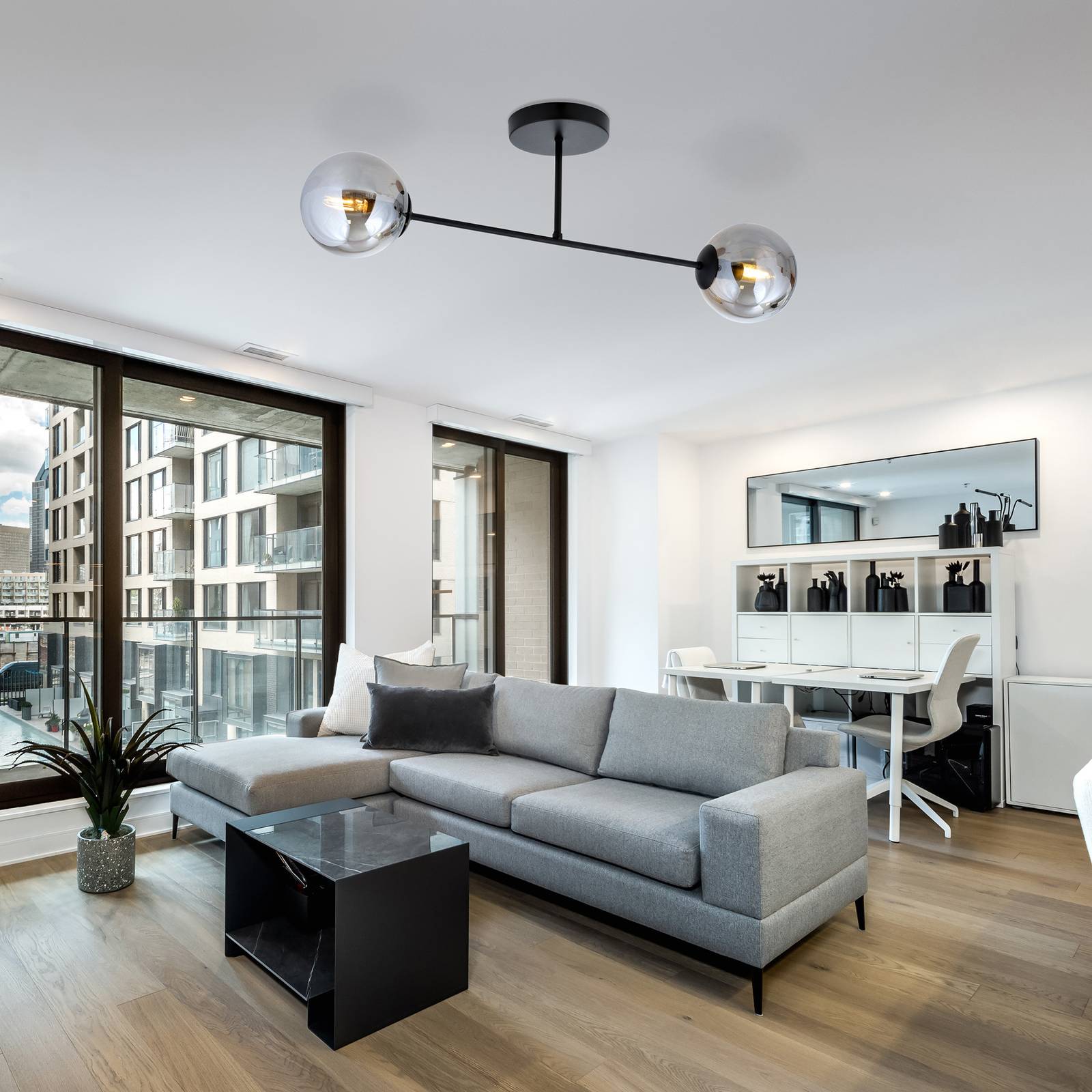 Euluna Szklana lampa sufitowa, 2-punktowa, szkło grafitowe