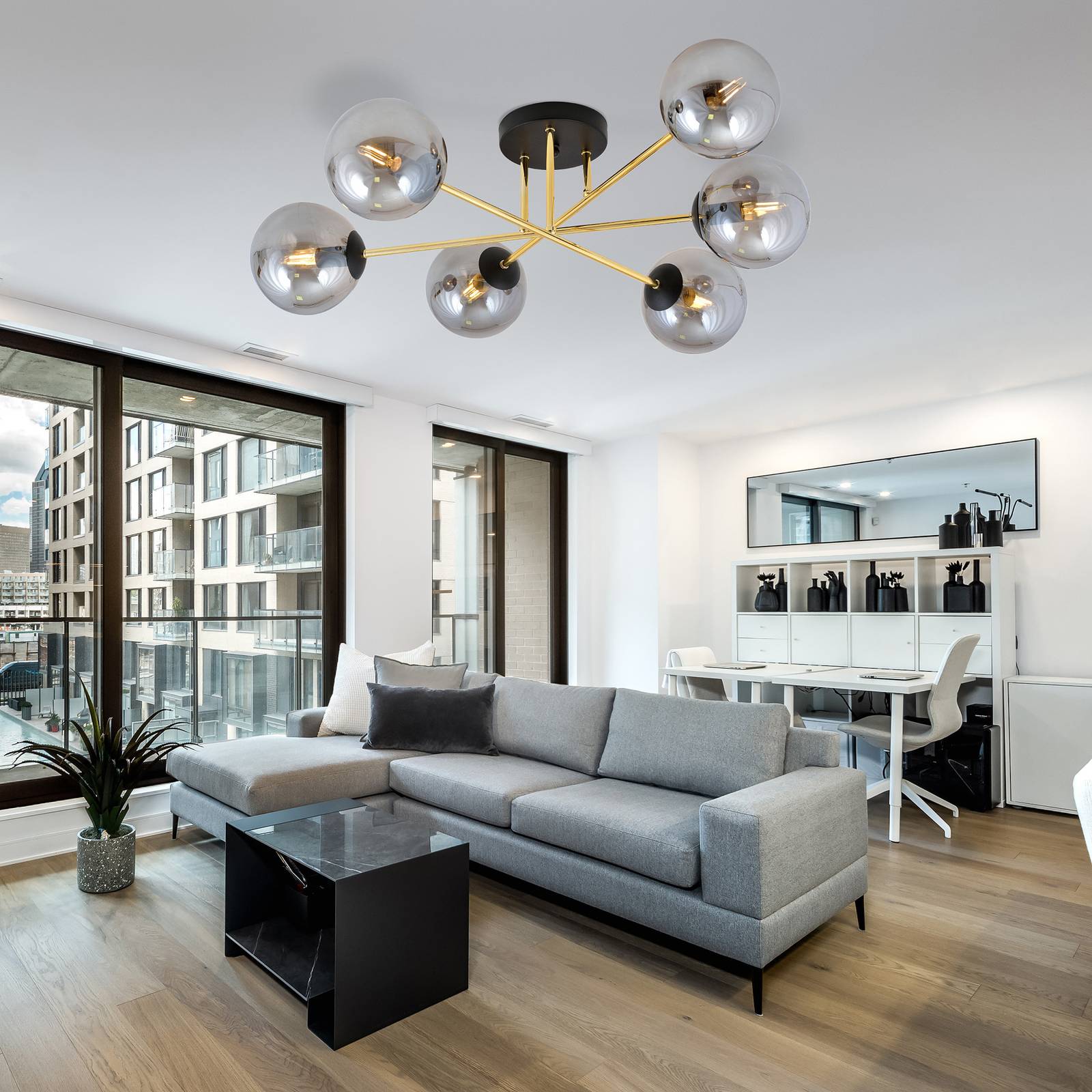 Euluna Lampa sufitowa Glassy, 6-punktowa, czarny/złoty/grafitowy