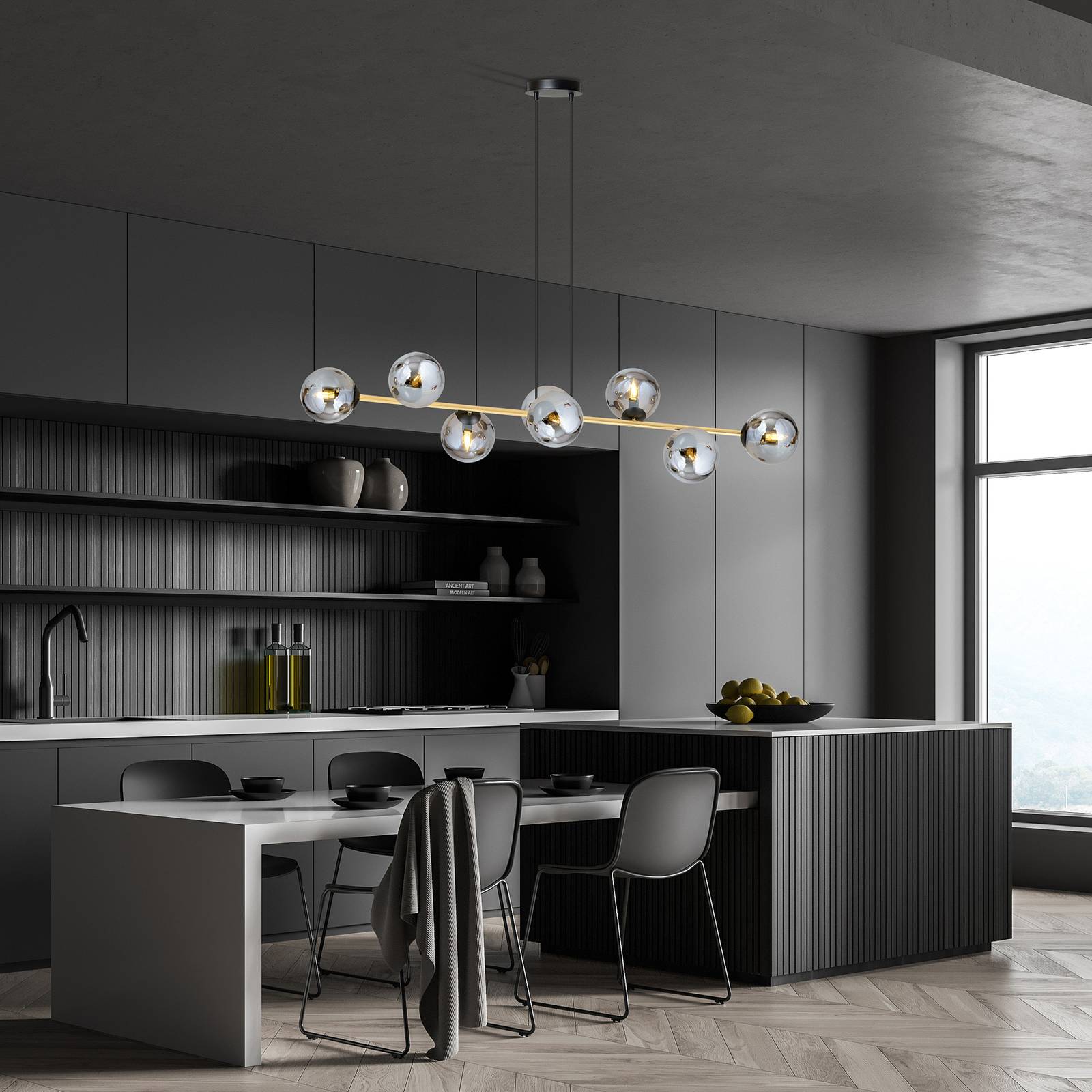 Euluna Lampa wisząca Glassy, 8-punktowa, czarny/złoty/grafitowy