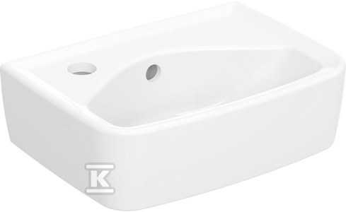 Umywalka kompaktowa Rekord - kształt geometryczny, krótka, B35 cm, H15 cm, T25 cm, z otworem na baterię z lewej strony, z przelewem
