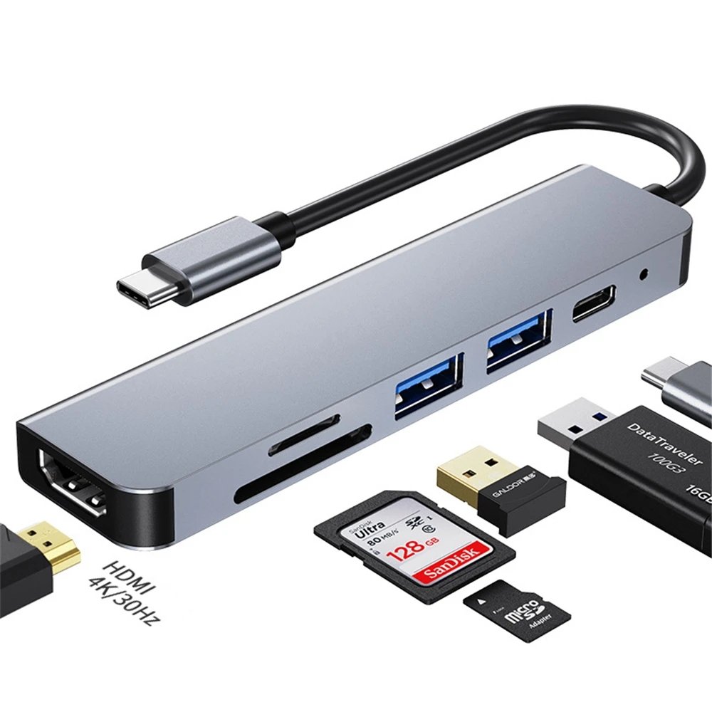 Adapter 6w1 USB-C HDMI 4K30hz USB C USB3.0 USB2.0 + SD/TF Just link hub