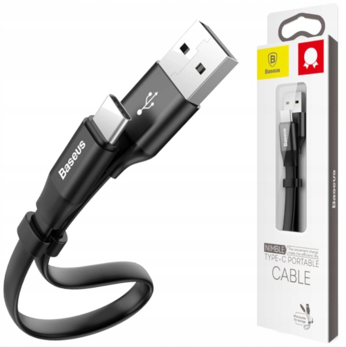 KRÓTKI KABEL USB-C BASEUS  PŁASKI DO ANDROID AUTO 3A 23cm CZARNY