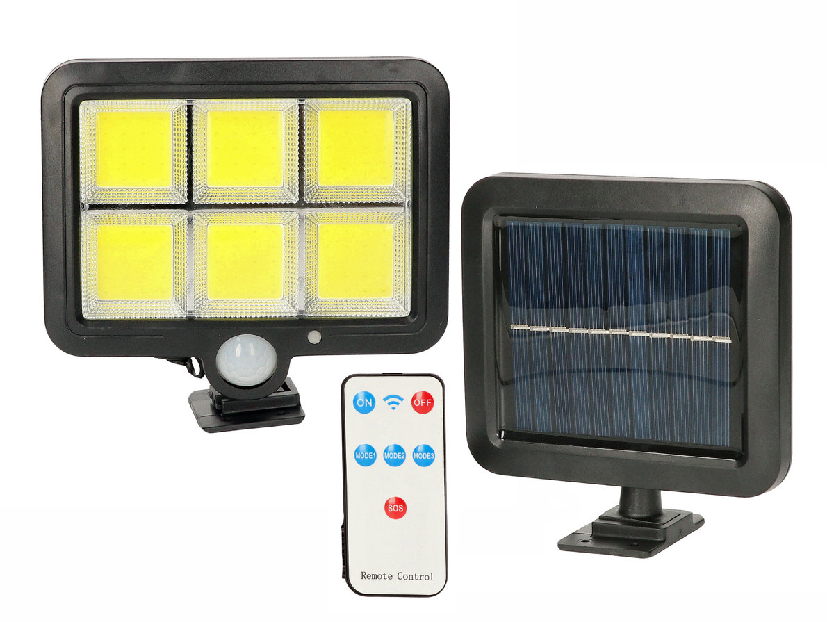 Lampa solarna naświetlacz halogen LED czarny + PIR czujnik ruchu + panel + pilot MK MEGAKABEL