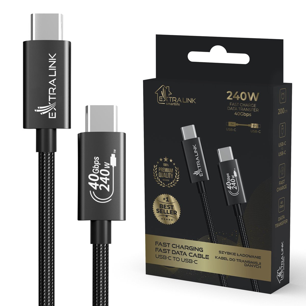 Kabel USB-C 240W 40Gbps 2m USB-C do USB C Extralink Smart Life