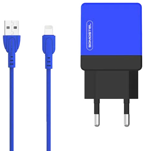 Ładowarka sieciowa do telefonu DUAL USB 2A Somostel + kabel lightning niebieska