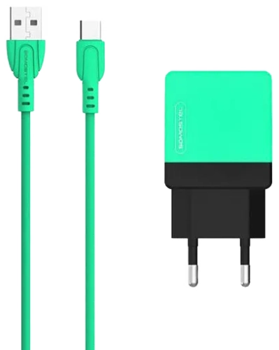 Ładowarka sieciowa do telefonu DUAL USB 2A Somostel + kabel USB-C zielona