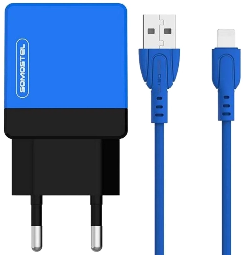 Ładowarka sieciowa Dual USB 2.1 A Somostel niebieska + kabel Lightning