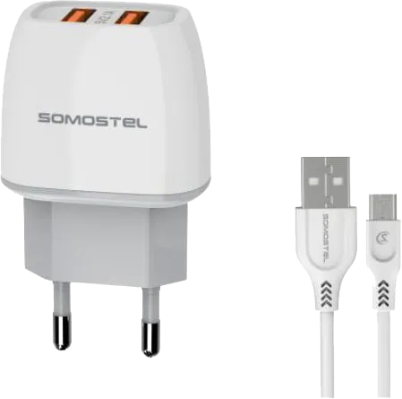 Ładowarka sieciowa 2.1A Dual-USB Somostel SMS-A38 + kabel Micro USB biała