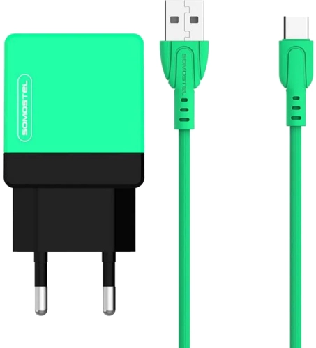 Ładowarka sieciowa Dual USB 2.1 A Somostel zielona + kabel USB-C