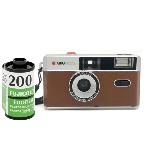 Aparat analogowy AgfaPhoto Reusable Photo Camera brązowy + film FujiFilm C200/135/36