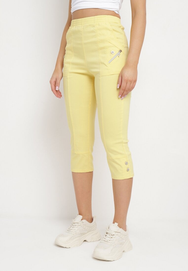 Żółte Spodnie 3/4 z Elastyczną Gumką w Pasie i Suwakami Leazira
